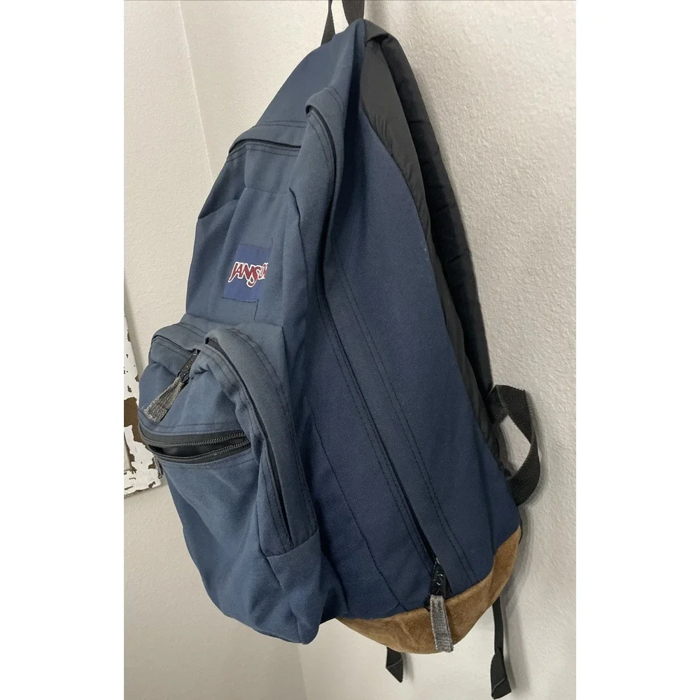 Jansport Classic Originals Suede‎ Leather Bottom School Backpack Blue Canvas